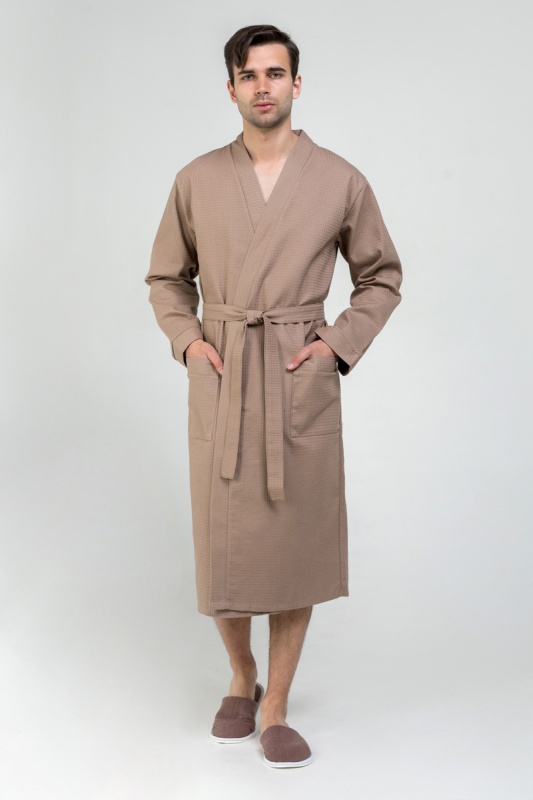 Мужской вафельный халат с планкой (Коричневый)